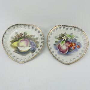 Vintage Pair of Fruit Heart Shaped 7” Porcelain Wall Plates Gold Trim